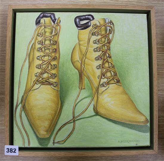 Adam Wedgwood (1962-) oil on canvas, Yellow Lace-Up Ankle Boots 30 x 30cm.